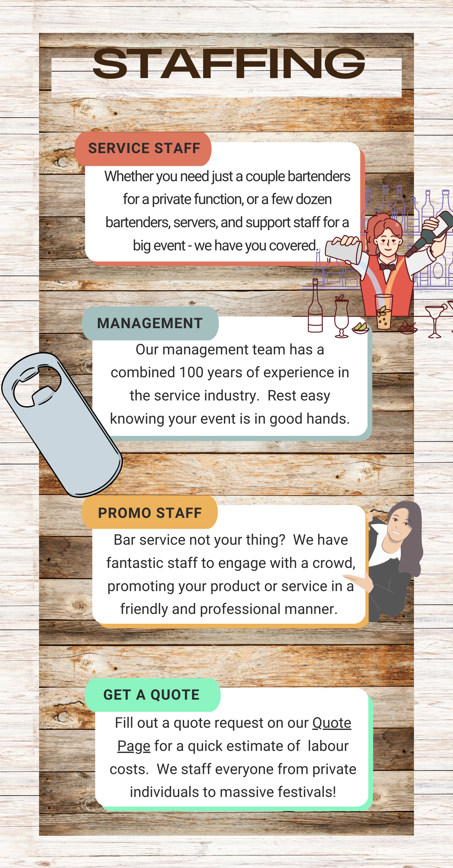 Staff for bar, event, wedding.  promotional models, bartenders, managers, waitstaff, waiters, waitress, server, catering for wedding.